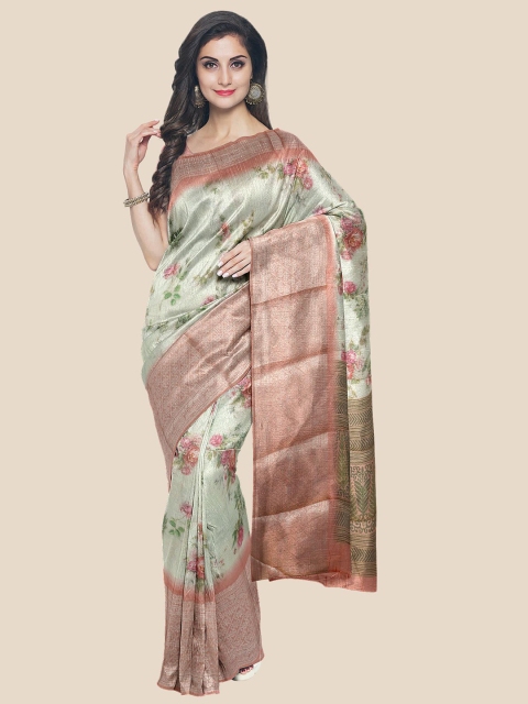 

KLM Fashion Mall Cream-Coloured & Pink Floral Zari Saree