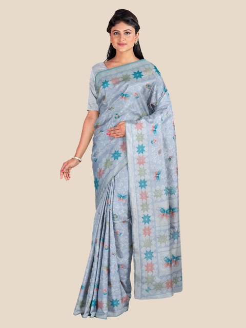 

KLM Fashion Mall Grey & Pink Floral Silk Blend Saree