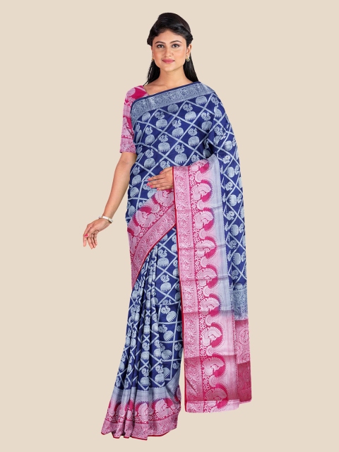 

KLM Fashion Mall Navy Blue & Pink Checked Zari Silk Blend Banarasi Saree