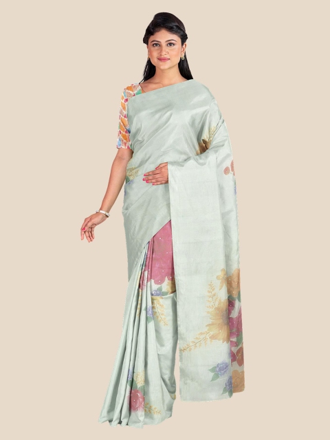 

KLM Fashion Mall Cream-Coloured & Pink Floral Sequinned Silk Blend Banarasi Saree