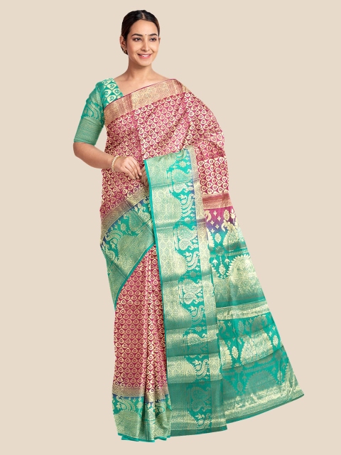 

KLM Fashion Mall Pink & Green Ethnic Motifs Zari Silk Blend Banarasi Saree