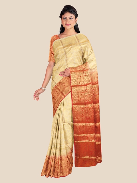 

KLM Fashion Mall Cream-Coloured & Red Woven Design Zari Silk Blend Banarasi Saree