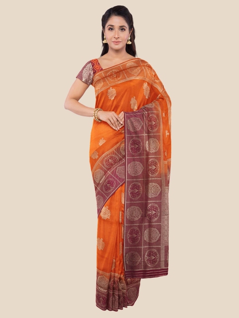 

KLM Fashion Mall Orange & Maroon Ethnic Motifs Zari Silk Blend Banarasi Saree