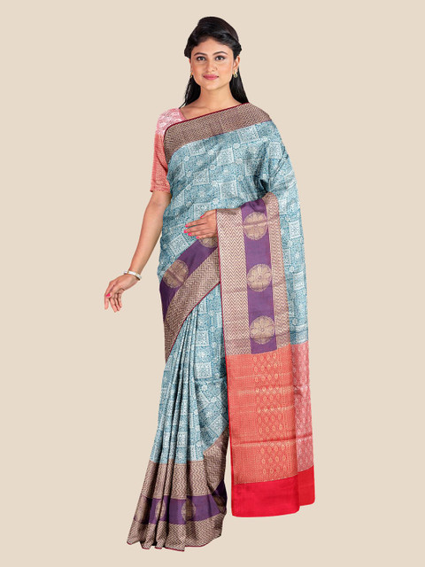 

KLM Fashion Mall Blue & Red Woven Design Zari Silk Blend Banarasi Saree