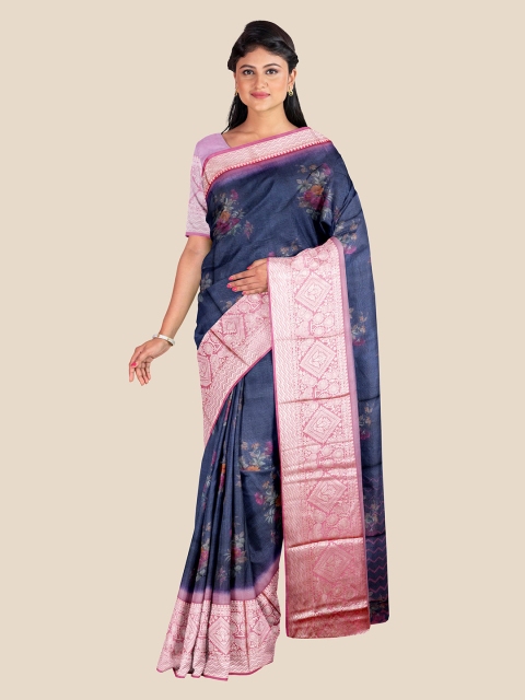 

KLM Fashion Mall Navy Blue & Pink Ethnic Motifs Zari Silk Blend Saree