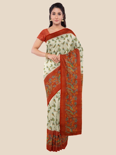 

KLM Fashion Mall Cream-Coloured & Red Floral Silk Blend Banarasi Saree