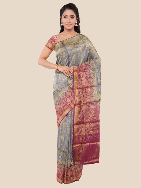 

KLM Fashion Mall Grey & Magenta Floral Beads & Stones Silk Blend Banarasi Saree