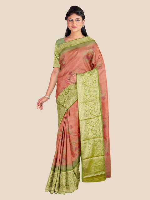 

KLM Fashion Mall Peach-Coloured & Green Floral Zari Silk Blend Saree
