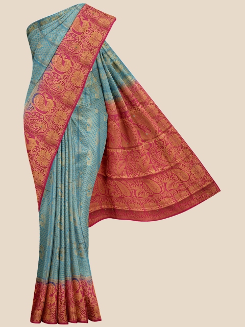 

KLM Fashion Mall Blue & Red Ethnic Motifs Zari Silk Blend Banarasi Saree