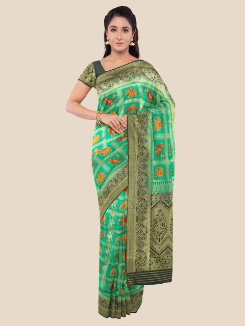 

KLM Fashion Mall Green & Gold-Toned Ethnic Motifs Zari Silk Blend Banarasi Saree