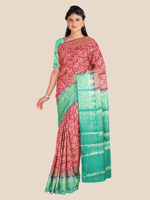 

KLM Fashion Mall Pink & Teal Blue Paisley Zari Silk Blend Banarasi Saree