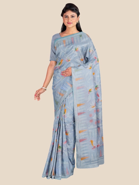 

KLM Fashion Mall Grey & Orange Floral Silk Blend Saree