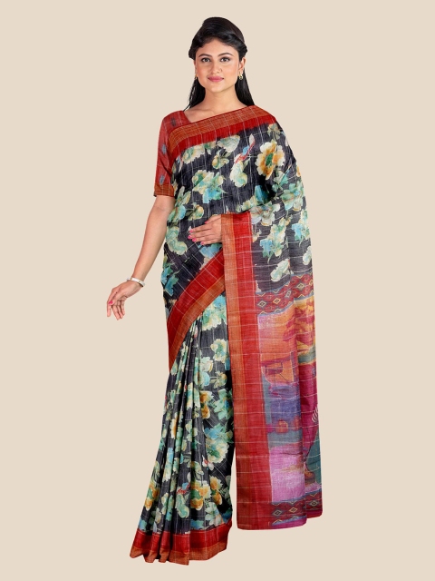 

KLM Fashion Mall Black & Red Floral Zari Linen Blend Banarasi Saree