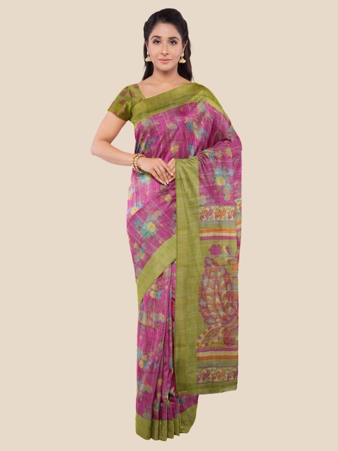 

KLM Fashion Mall Pink & Green Ethnic Motifs Linen Blend Banarasi Saree