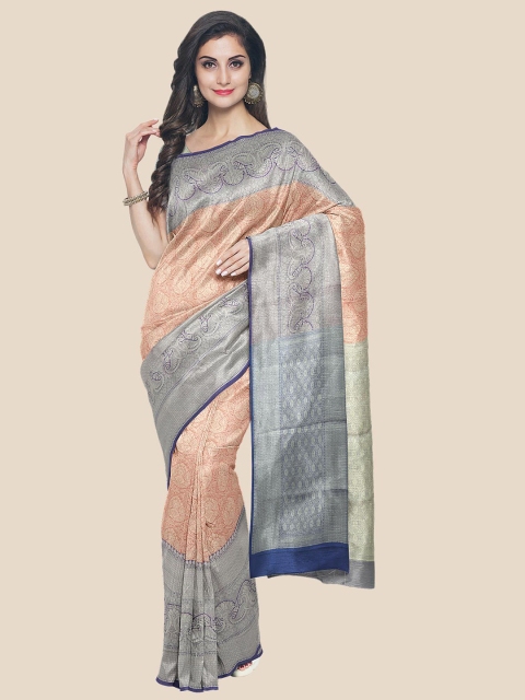 

KLM Fashion Mall Pink & Navy Blue Ethnic Motifs Zari Silk Blend Banarasi Saree