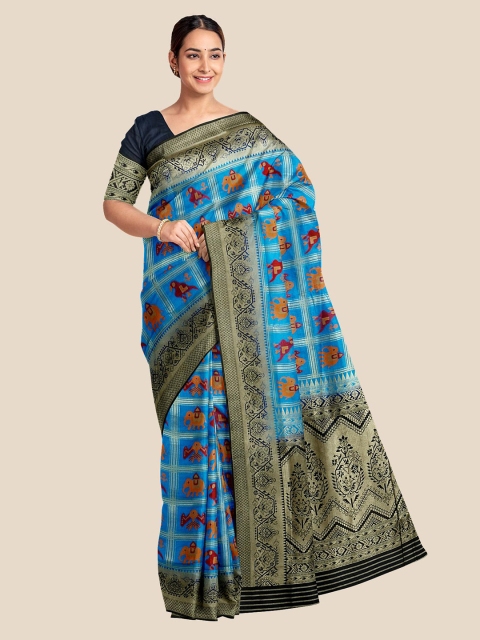 

KLM Fashion Mall Blue & Black Ethnic Motifs Zari Silk Blend Banarasi Saree