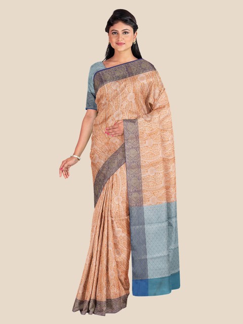 

KLM Fashion Mall Orange & Blue Floral Zari Silk Blend Banarasi Saree