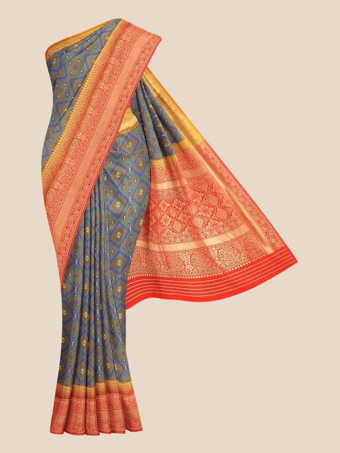 

KLM Fashion Mall Green & Red Zari Silk Blend Ikat Saree