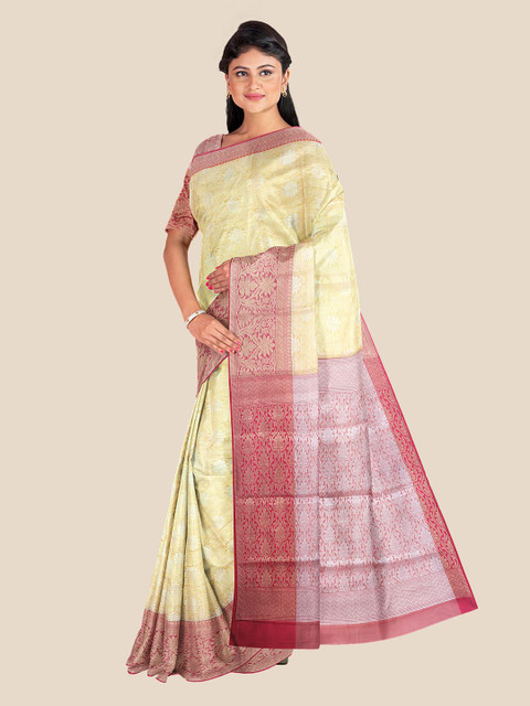 

KLM Fashion Mall Yellow & Red Ethnic Motifs Zari Silk Blend Banarasi Saree