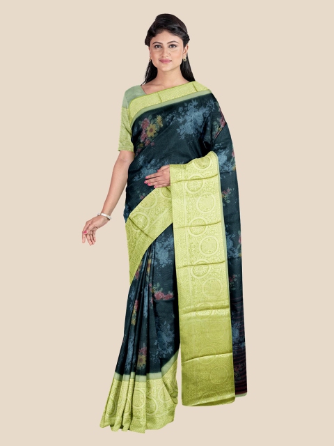 

KLM Fashion Mall Black & Green Floral Zari Silk Blend Saree