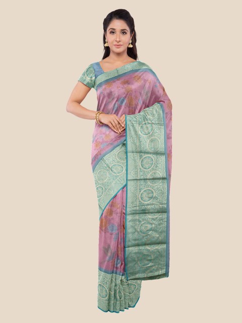 

KLM Fashion Mall Pink & Teal Floral Printed Zari Silk Blend Saree