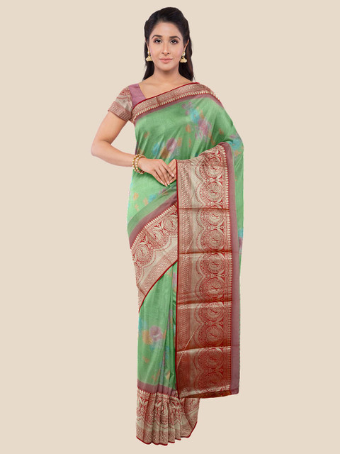 

KLM Fashion Mall Green & Red Floral Zari Silk Blend Saree
