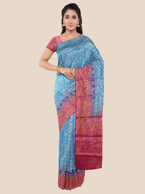 

KLM Fashion Mall Blue & Pink Floral Zari Silk Blend Banarasi Saree