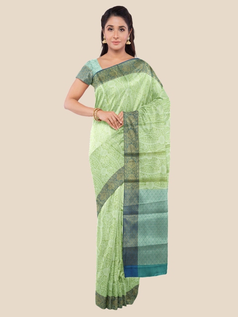 

KLM Fashion Mall Green & Blue Floral Zari Silk Blend Banarasi Saree