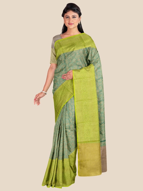 

KLM Fashion Mall Green & Grey Floral Silk Blend Banarasi Saree