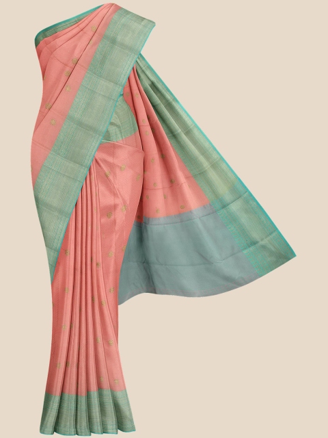 

KLM Fashion Mall Peach-Coloured & Blue Floral Silk Blend Banarasi Saree