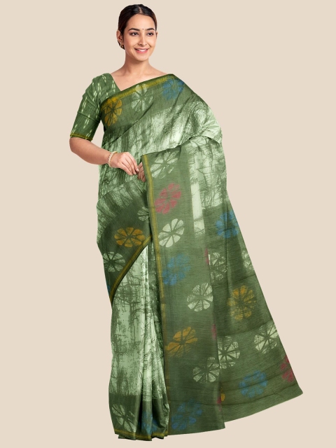 

KLM Fashion Mall Cream-Coloured & Green Batik Silk Blend Saree