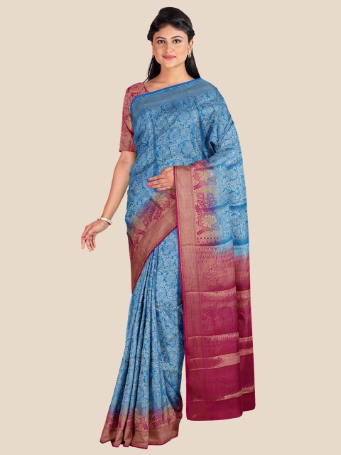 

KLM Fashion Mall Blue & Maroon Floral Zari Silk Blend Banarasi Saree