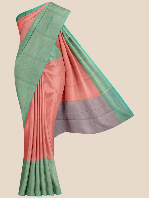 

KLM Fashion Mall Peach-Coloured & Green Zari Silk Blend Banarasi Saree
