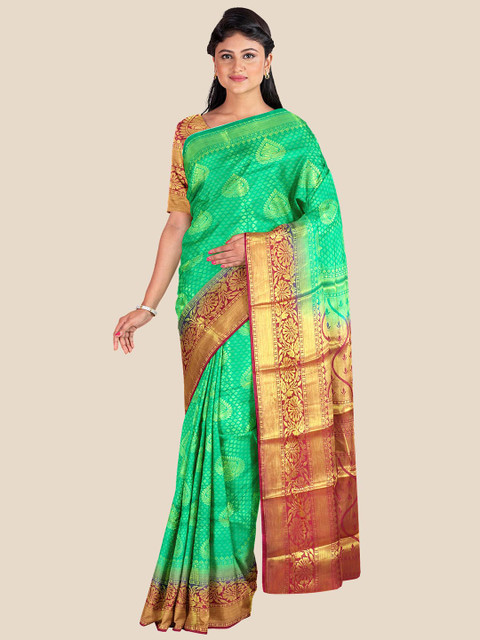 

KLM Fashion Mall Green & Red Ethnic Motifs Zari Silk Blend Banarasi Saree