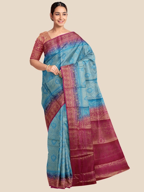 

KLM Fashion Mall Blue & Maroon Ethnic Motifs Silk Blend Banarasi Saree