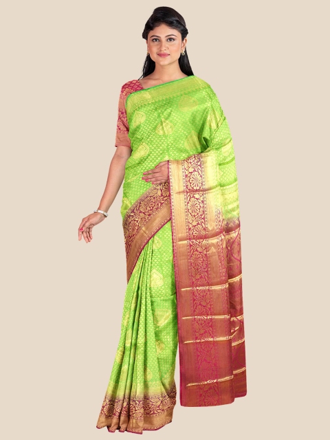 

KLM Fashion Mall Green & Pink Ethnic Motifs Zari Silk Blend Banarasi Saree