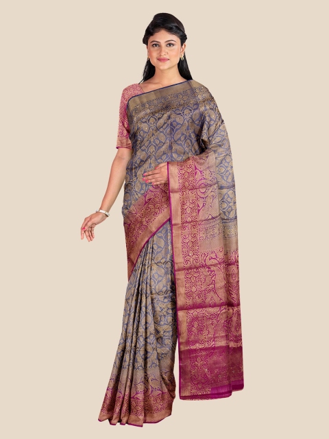 

KLM Fashion Mall Grey & Burgundy Woven Design Zari Silk Blend Banarasi Saree