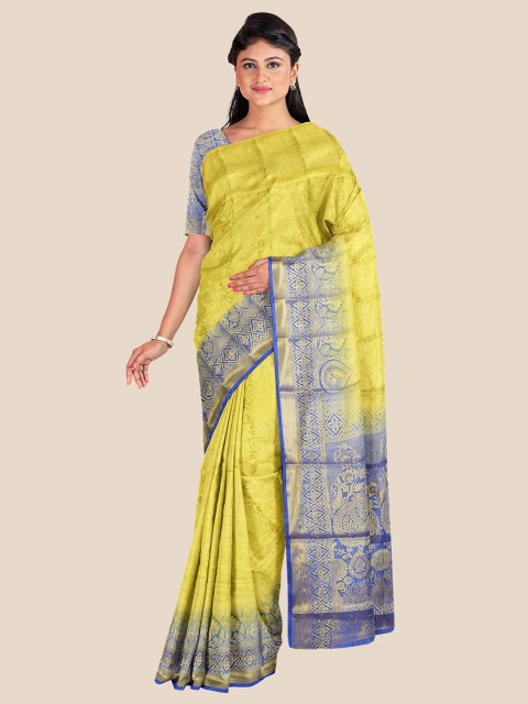 

KLM Fashion Mall Yellow & Blue Floral Zari Silk Blend Banarasi Saree