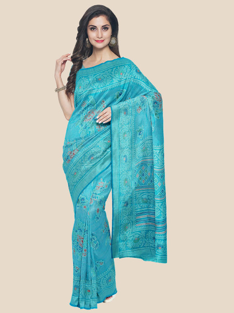 

KLM Fashion Mall Turquoise Blue & Red Floral Silk Blend Saree