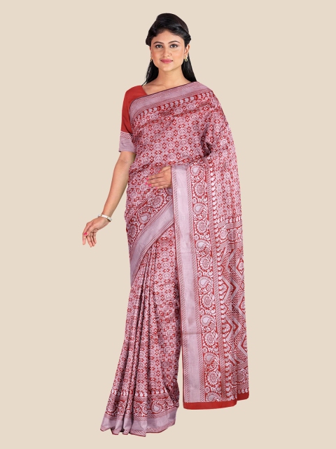 

KLM Fashion Mall Red & Silver-Toned Ethnic Motifs Zari Silk Blend Banarasi Saree