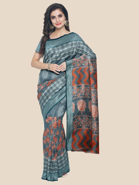 

KLM Fashion Mall Gunmetal-Toned & Red Floral Zari Linen Blend Saree, Metallic