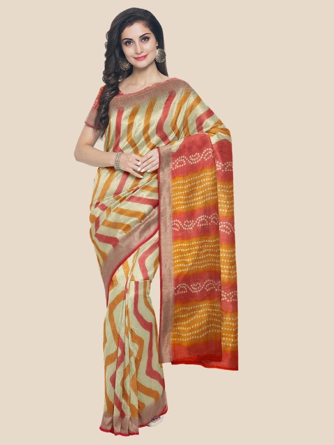 

KLM Fashion Mall Cream-Coloured & Red Chevron Printed Linen Blend Saree