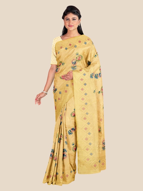 

KLM Fashion Mall Cream-Coloured & Green Floral Silk Blend Saree