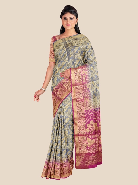 

KLM Fashion Mall Grey & Magenta Paisley Zari Silk Blend Banarasi Saree