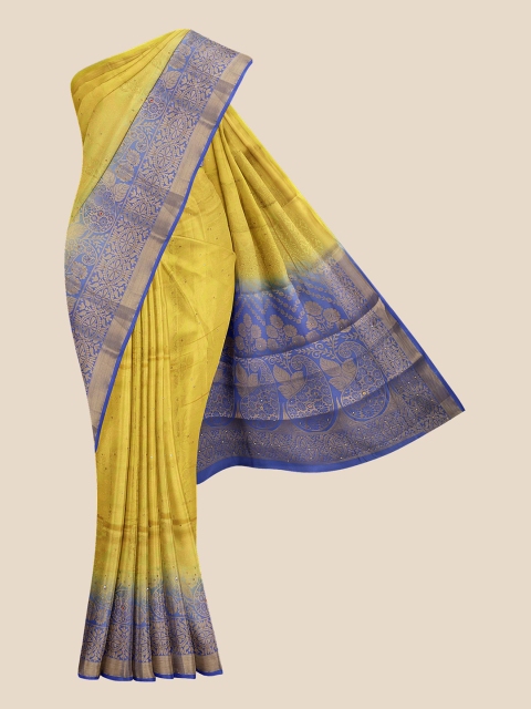 

KLM Fashion Mall Yellow & Blue Ethnic Motifs Zari Silk Blend Banarasi Saree