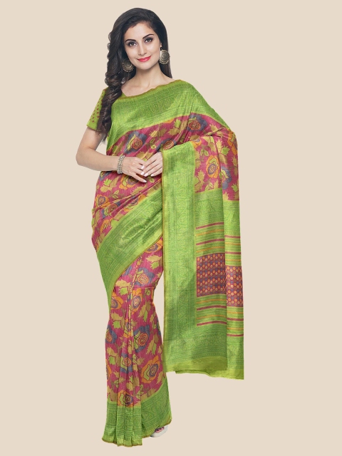 

KLM Fashion Mall Pink & Green Floral Cotton Blend Saree