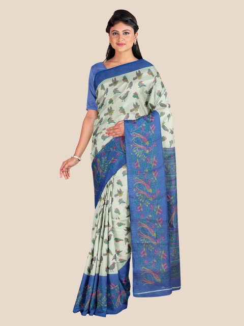 

KLM Fashion Mall Cream-Coloured & Blue Ethnic Motifs Silk Blend Saree