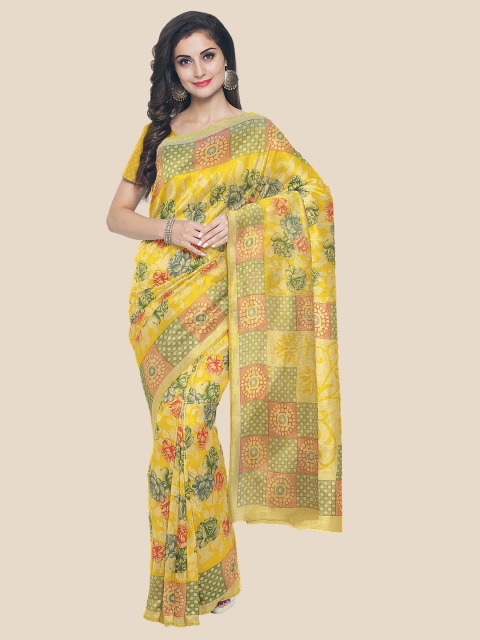 

KLM Fashion Mall Yellow & Blue Floral Silk Blend Saree