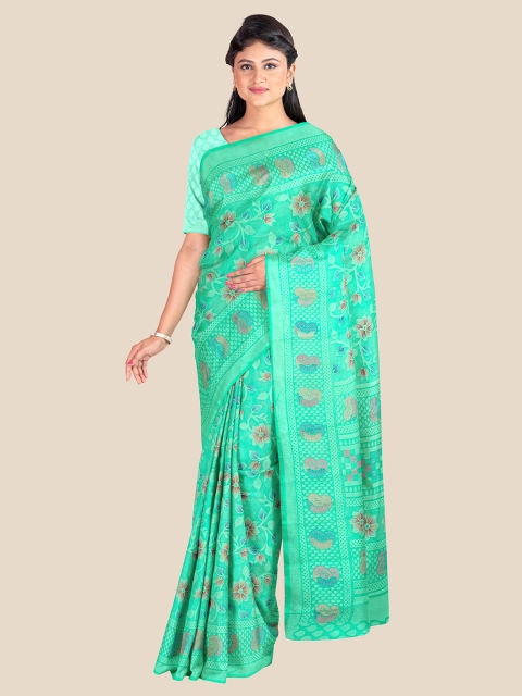 

KLM Fashion Mall Sea Green & Blue Floral Silk Blend Saree