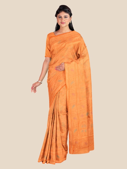 

KLM Fashion Mall Orange & Grey Floral Silk Blend Saree